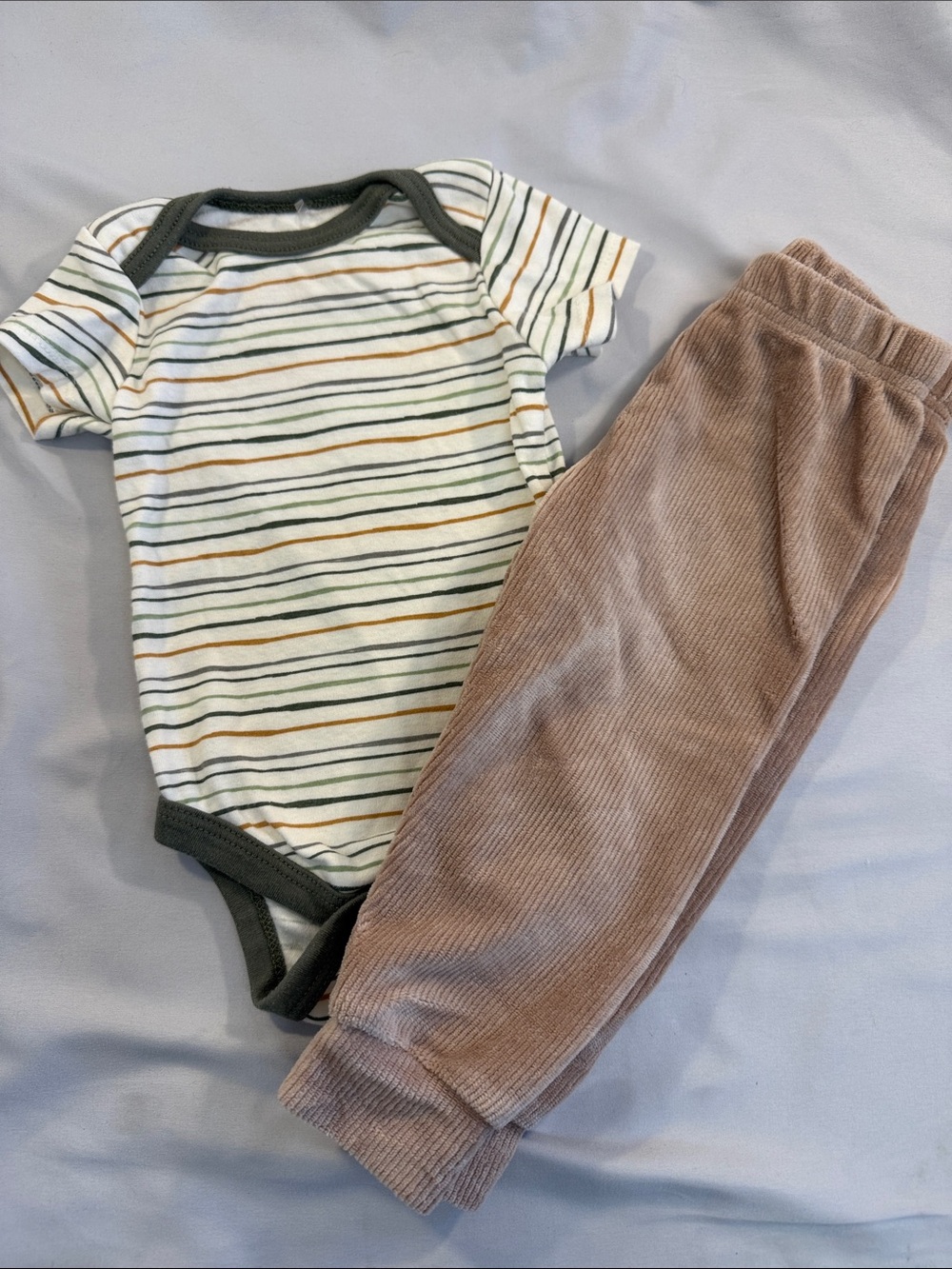 chick pea Striped Short-Sleeve Bodysuit in White with Green & Mustard Trim